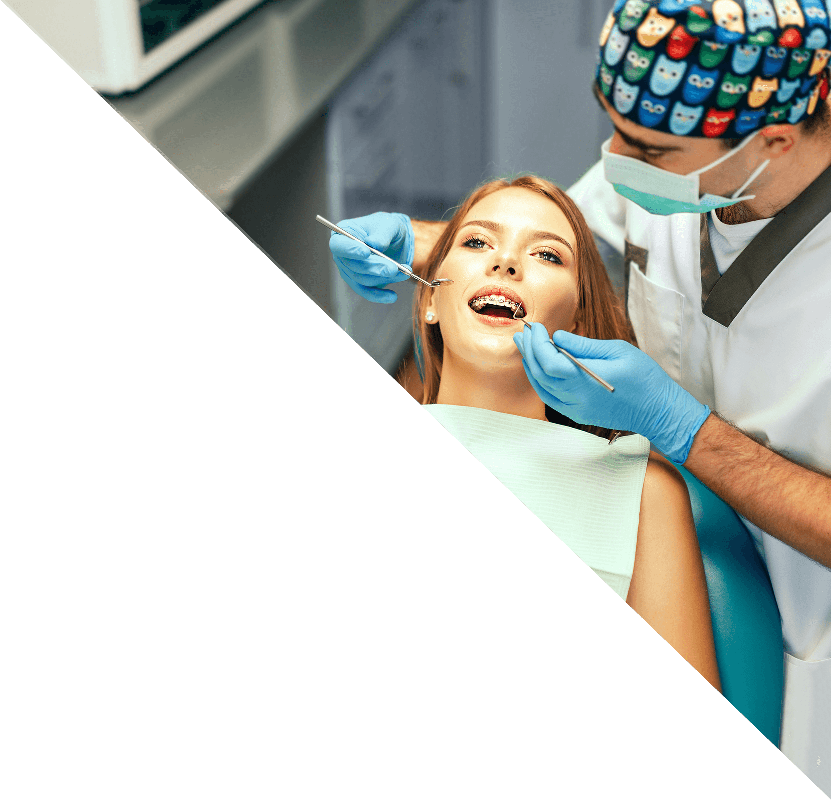 An orthodontist works with a patient wearing braces.